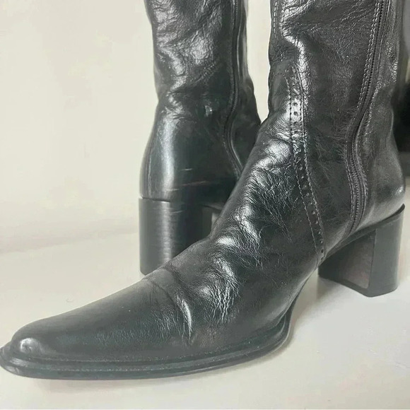 LEATHER BELOW KNEE BLACK HEELED BOOTS ZIPPER CLOSURE BLOCK  HEELS  SIZE 36 - Picture 2 of 12